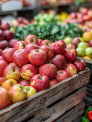 Fresh apples stacked in a wooden crate at a market stall.