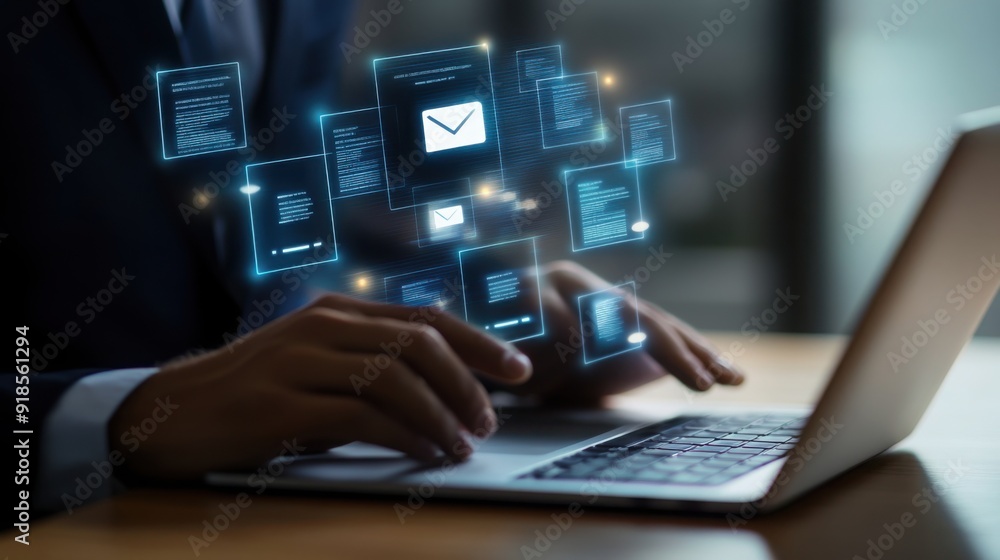 Poster a businessman using laptop computer with digital document management system icon on virtual screen