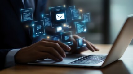 A businessman using laptop computer with digital document management system icon on virtual screen