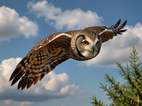 Majestic Owl in Mid-Flight Against a Clear Blue Sky