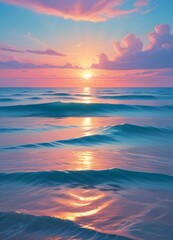 Obraz premium A serene ocean landscape with calm, rippling waves reflecting the warm, pastel-colored sky and bright sun in the distance