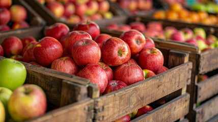 Red apples in wooden crates at a local market