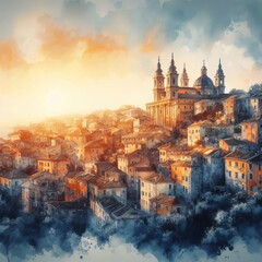 beautiful old city, watercolor painting