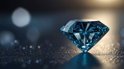 High-resolution, close-up image of a multifaceted, blue diamond. The diamond is cut in a complex, geometric shape with numerous sharp edges and reflective surfaces