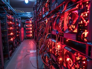Bitcoin mining operation inside a dimly lit underground facility featuring multiple mining rigs and cooling systems