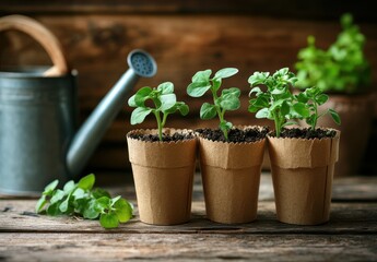 seedlings growing in peat pots, being watered in the style of someone using a watering can