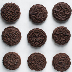 Overhead view of stamped chocolate cookies on a parchment lined baking tray, top view of embossed chocolate sugar cookies on a white background