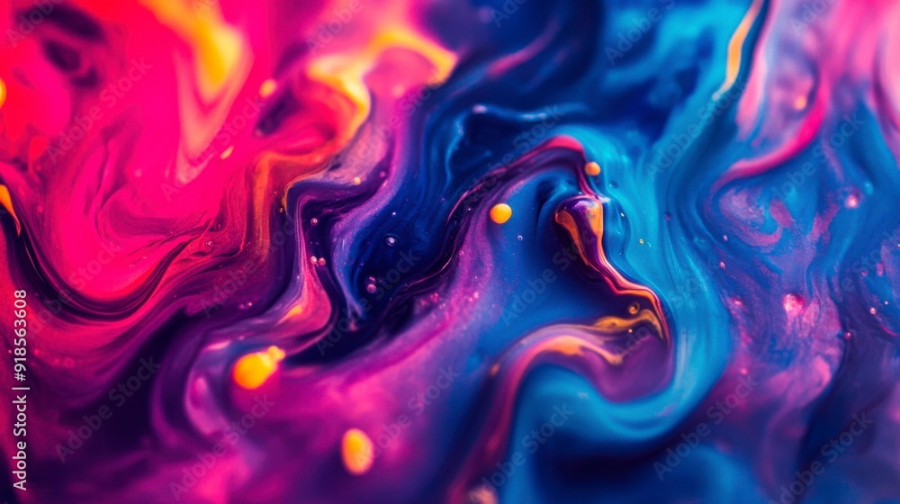 Poster abstract colorful background with flowing paint and bubbles.