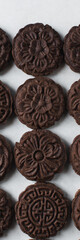 Overhead view of stamped chocolate cookies on a parchment lined baking tray, top view of embossed chocolate sugar cookies on a white background