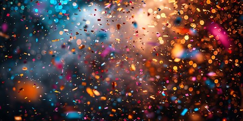 Confetti rains down at midnight in a city square, capturing the festive mood.