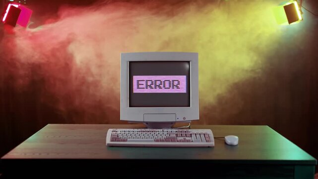 A retro 1980s-style ERROR blinking stylized computer screen.  	