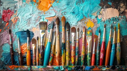 Fototapeta premium Creative Collection: Paintbrushes, Canvases, Palettes, Sketchbooks, and Colored Pencils in Artistic Action