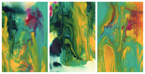Ink Watercolor, Acrylic hand drawn smoke flow stain blot on wet paper texture background. Green,...