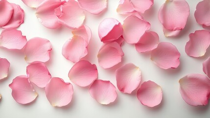 Soft pink rose petals gently scattered on a white backdrop, forming a romantic and chic aesthetic.