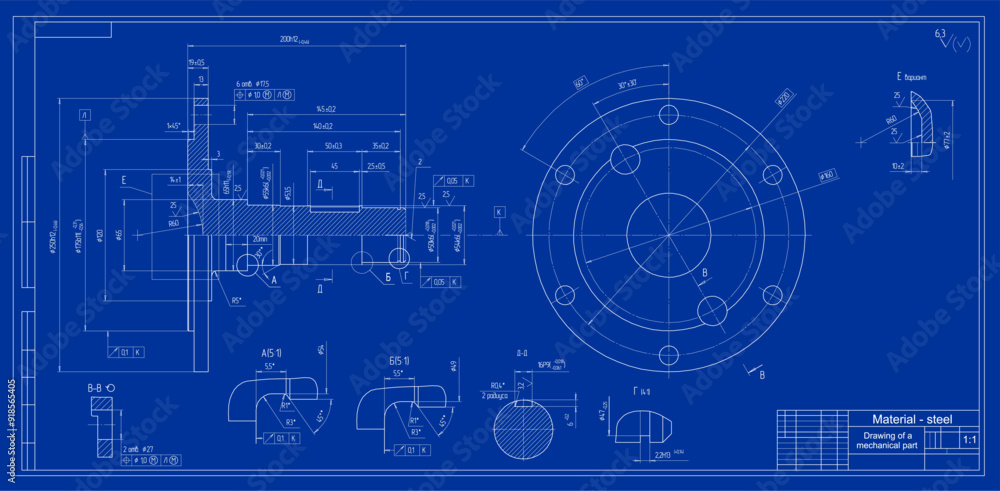 Aufkleber vector engineering drawing of steel mechanical part with through holes and dimension lines. technolo
