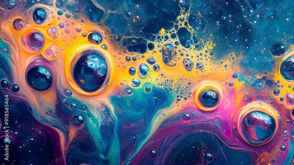 Poster abstract colorful background with flowing paint and bubbles.