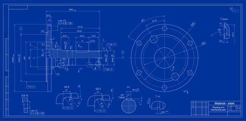 Vector engineering drawing of steel mechanical part 
with through holes and dimension lines.
Technology cad scheme. Metal shaft.
