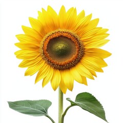 Obraz premium Single sunflower with vibrant yellow petals, isolated against a white background, symbolizing happiness and warmth