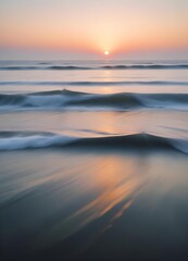 Obraz premium A serene ocean landscape with calm, rippling waves reflecting the warm, pastel-colored sky and bright sun in the distance, vertical stories social influencer format