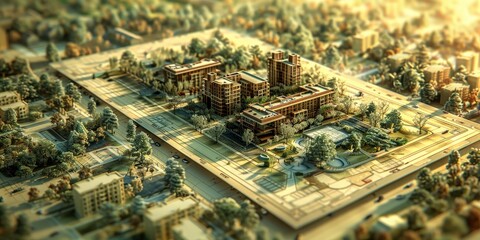 Obraz premium Architectural model of a modern urban development with buildings, roads, and trees.