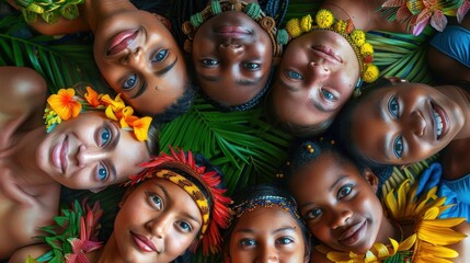 Obraz premium Diverse women in traditional attire and floral accessories lying in a circle, celebrating unity.