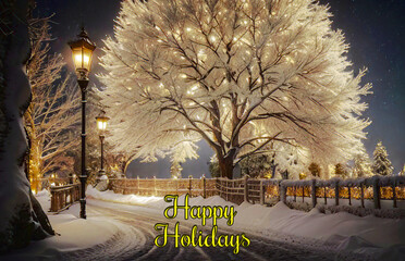 Snow-kissed tree and road under a dusky sky. Falling snowflakes weave a tranquil winter evening. Ideal for Christmas cards. Embrace the season's magic with this enchanting scene.