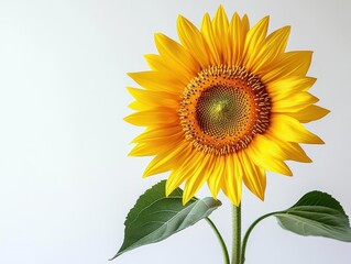 Obraz premium Close-up of a sunflower with perfectly aligned yellow petals and intricate center detail, illuminated against a crisp white background.