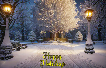 Snow-kissed tree and road under a dusky sky. Falling snowflakes weave a tranquil winter evening. Ideal for Christmas cards. Embrace the season's magic with this enchanting scene.