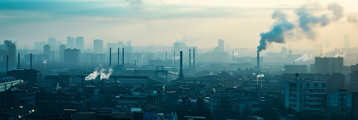 A city skyline with smoke coming out of the tops of the buildings. The sky is hazy and the city appears to be in the middle of a smoggy day