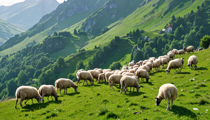 Obraz premium Troupeau de moutons pâturant dans les montagnes