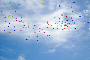 multicolored balloons with helium on a blue sky background