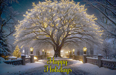 Snow-kissed tree and road under a dusky sky. Falling snowflakes weave a tranquil winter evening. Ideal for Christmas cards. Embrace the season's magic with this enchanting scene.