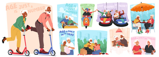 Happy Older People Engaging In Fun Activities, Riding Scooters, Dining, And Celebrating, Elderly Characters Exude Joy