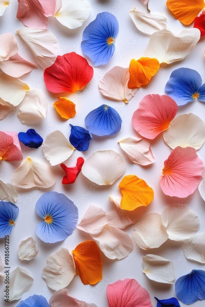 Poster an abstract mix of assorted flower petals scattered on a white background, creating a vibrant color 