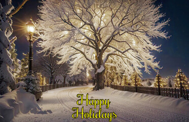 Snow-kissed tree and road under a dusky sky. Falling snowflakes weave a tranquil winter evening. Ideal for Christmas cards. Embrace the season's magic with this enchanting scene.