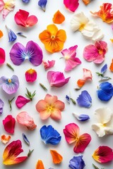 Abstract arrangement of assorted flower petals scattered across a white background, creating a vibrant color mix