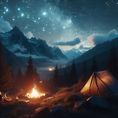 A tent near a campfire outside in the mountains