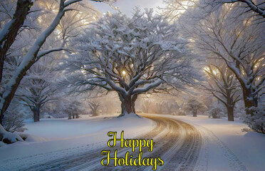 Snow-kissed tree and road under a dusky sky. Falling snowflakes weave a tranquil winter evening. Ideal for Christmas cards. Embrace the season's magic with this enchanting scene.