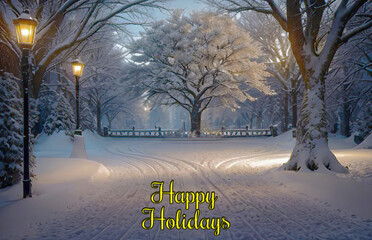 Snow-kissed tree and road under a dusky sky. Falling snowflakes weave a tranquil winter evening. Ideal for Christmas cards. Embrace the season's magic with this enchanting scene.