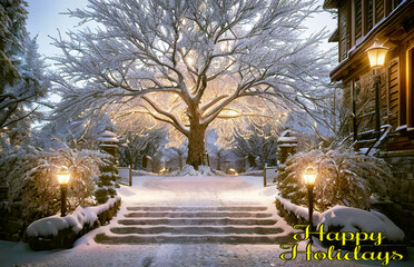 Snow-kissed tree and road under a dusky sky. Falling snowflakes weave a tranquil winter evening. Ideal for Christmas cards. Embrace the season's magic with this enchanting scene.