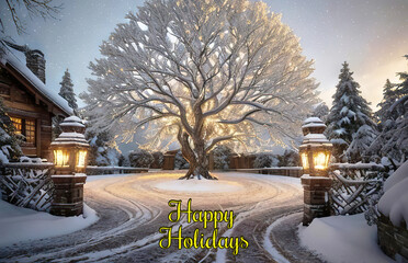 Snow-kissed tree and road under a dusky sky. Falling snowflakes weave a tranquil winter evening. Ideal for Christmas cards. Embrace the season's magic with this enchanting scene.