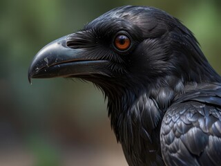 Detailed Raven Portrait with Glimmering Black Feathers and Intense Gaze