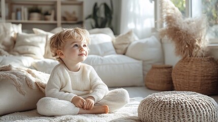 white living room, 3 year old boy playing