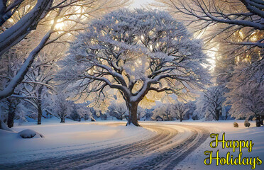 Snow-kissed tree and road under a dusky sky. Falling snowflakes weave a tranquil winter evening. Ideal for Christmas cards. Embrace the season's magic with this enchanting scene.