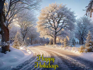 Snow-kissed tree and road under a dusky sky. Falling snowflakes weave a tranquil winter evening. Ideal for Christmas cards. Embrace the season's magic with this enchanting scene.