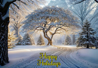 Snow-kissed tree and road under a dusky sky. Falling snowflakes weave a tranquil winter evening. Ideal for Christmas cards. Embrace the season's magic with this enchanting scene.