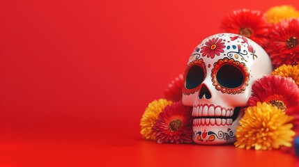  design banner for the day of the dead with scull ,flowers, mexican design element for websites or social media, background cards invitation wallpaper sticker decoration free space for text