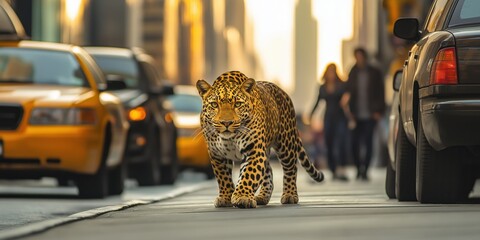 A photo of a leopard exploring the city in New York. Demonstrating concepts including urban wildlife, habitat loss, urbanisation, adaptation, nature versus civilisation, wildness versus modernity.