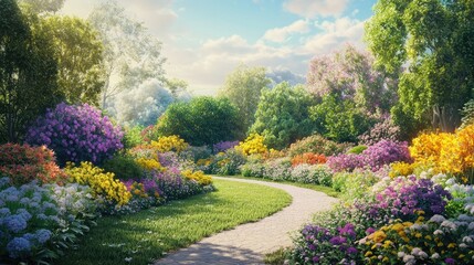 Fototapeta premium A realistic depiction of a garden in full bloom with colorful flowers, neatly trimmed bushes, and a path winding through well-tended plants and trees