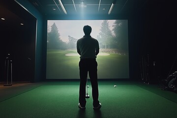 Fototapeta premium Golfer playing golf in indoor simulator Mixed media. golf simulator